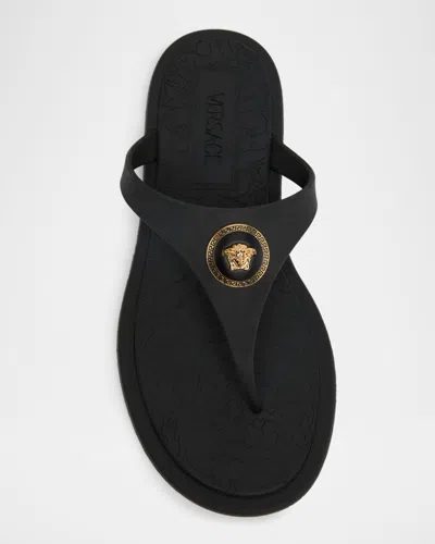 Versace Flat Sole Open Toe Sandals With Medusa Motif In Black