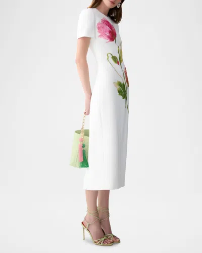 Carolina Herrera Poppy Print Short Sleeve Stretch Crepe Sheath Dress In White