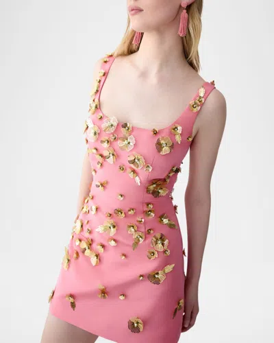 Carolina Herrera Crystal Flower Applique Sleeveless Mini Dress In Pink
