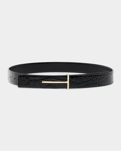 Tom Ford T-buckle Reversible Belt In Croc-embossed Leather In Black