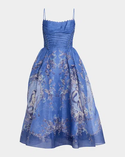 Zimmermann Rebellion Lace-up Embellished Pleated Gathered Printed Linen And Silk-blend Midi Dress In Blue
