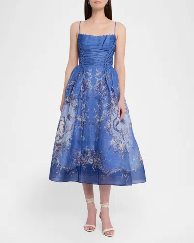 Zimmermann Rebellion Lace-up Embellished Pleated Gathered Printed Linen And Silk-blend Midi Dress In Blue