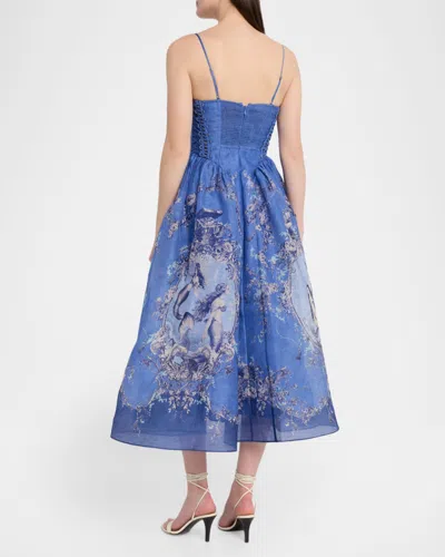 Zimmermann Rebellion Lace-up Embellished Pleated Gathered Printed Linen And Silk-blend Midi Dress In Blue
