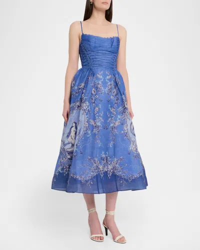 Zimmermann Rebellion Lace-up Embellished Pleated Gathered Printed Linen And Silk-blend Midi Dress In Blue