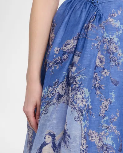 Zimmermann Rebellion Lace-up Embellished Pleated Gathered Printed Linen And Silk-blend Midi Dress In Blue