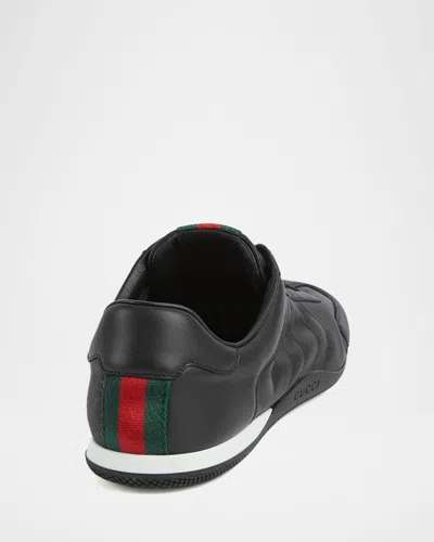 Gucci Men Black Low Top Sneakers With Web Tongue In Leather Man In Black