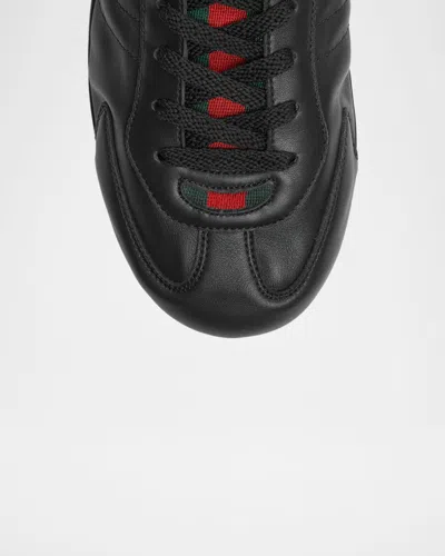 Gucci Men Black Low Top Sneakers With Web Tongue In Leather Man In Black