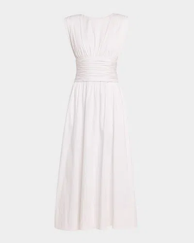 Toccin Evangeline Strong-shoulder Ruched Midi Cotton Dress In White