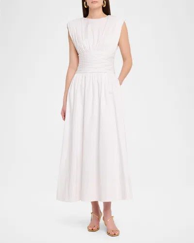 Toccin Evangeline Strong-shoulder Ruched Midi Cotton Dress In White