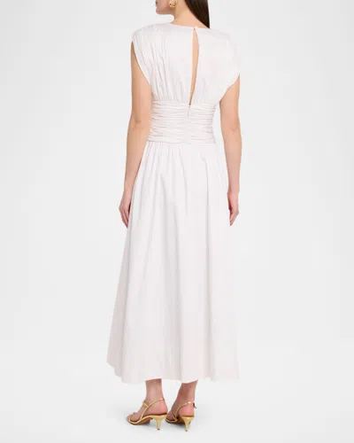 Toccin Evangeline Strong-shoulder Ruched Midi Cotton Dress In White