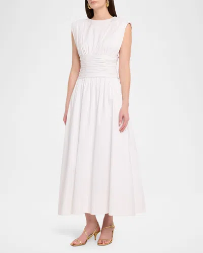 Toccin Evangeline Strong-shoulder Ruched Midi Cotton Dress In White