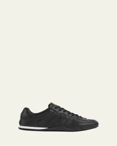 Gucci Men Black Low Top Sneakers With Web Tongue In Leather Man In Black