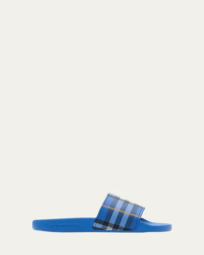 Burberry Checked-pattern Slides In Blue