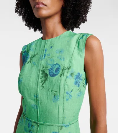 Erdem Floral Print Sleeveless Linen Midi Pencil Dress In Green