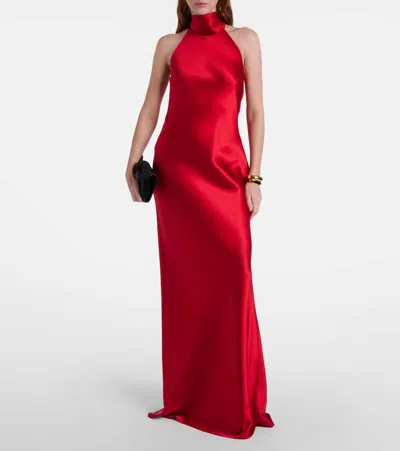 Ralph Lauren Chilton Stretch Satin Evening Dress In Bright Red