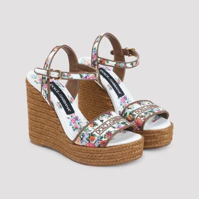 Dolce & Gabbana Leather-trimmed Embroidered Canvas Platform Wedge Sandals In Brown