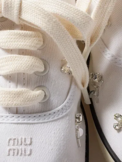 Miu Miu Crystal Embellished Low Top Canvas Sneaker In White