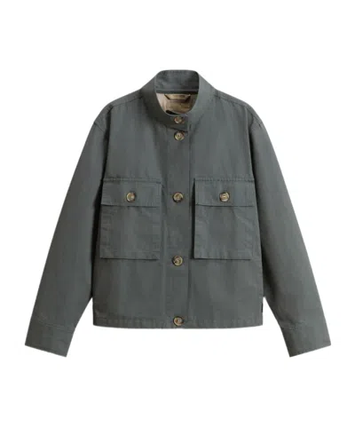 Woolrich Canvas Utility Overshirt Stand Collar Pockets In Blue