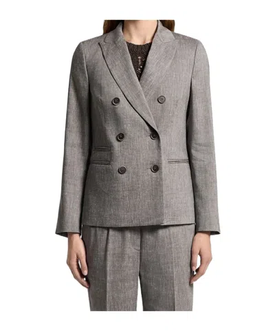 Peserico Double Breasted Blazer In Linen And Wool Blend In Gray