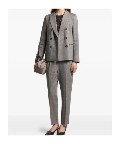 Peserico Double Breasted Blazer In Linen And Wool Blend In Gray