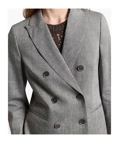 Peserico Double Breasted Blazer In Linen And Wool Blend In Gray