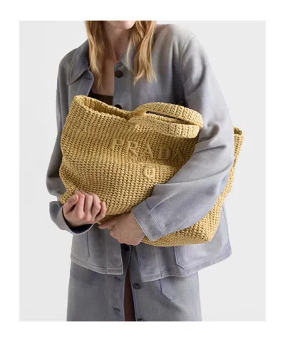 Prada Crochet Tote Bag Rectangular Shape Handles In Brown