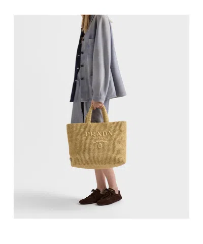 Prada Crochet Tote Bag Rectangular Shape Handles In Brown
