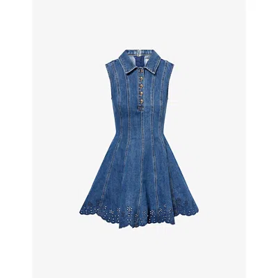 Self-portrait Paneled Broderie Anglaise Denim Mini Dress In Blue
