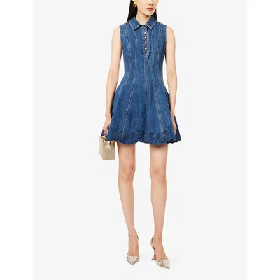 Self-portrait Paneled Broderie Anglaise Denim Mini Dress In Blue