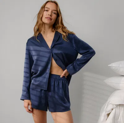 Lunya Washable Silk Button Up Long Sleeve Short Set In Blue
