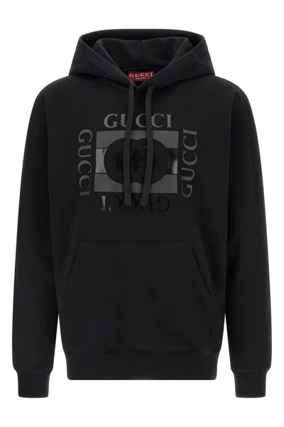 Gucci Men Black Sweatshirt With Hood With Drawstring And Front Logo In Cotton Man In Multi