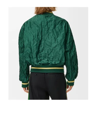 Loewe Womens Dark Green Crinkled-texture Striped-trim Woven Bomber Jacket In Gray