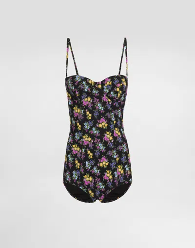 Dolce & Gabbana Small Floral-print Balconette One-piece Swimsuit In Black