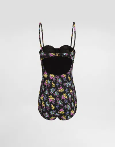 Dolce & Gabbana Small Floral-print Balconette One-piece Swimsuit In Black