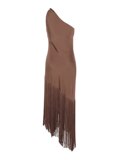 Pinko Brown Dress With Asymmetrical Design And Fringes In Tech Fabric Woman