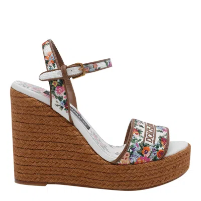 Dolce & Gabbana Leather-trimmed Embroidered Canvas Platform Wedge Sandals In Brown
