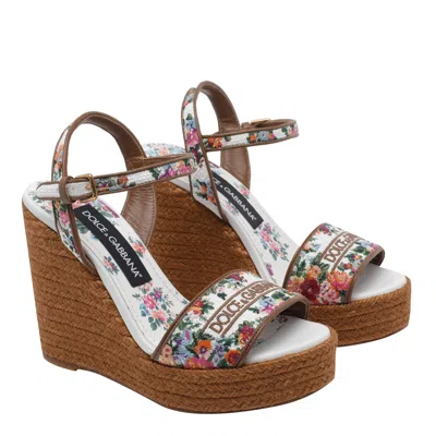 Dolce & Gabbana Leather-trimmed Embroidered Canvas Platform Wedge Sandals In Brown