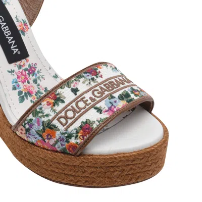 Dolce & Gabbana Leather-trimmed Embroidered Canvas Platform Wedge Sandals In Brown