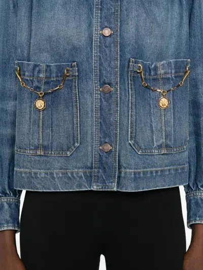 Chloé Blue Jacket With High Neck And Chain Detail On The Front In Denim Woman