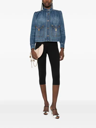 Chloé Blue Jacket With High Neck And Chain Detail On The Front In Denim Woman