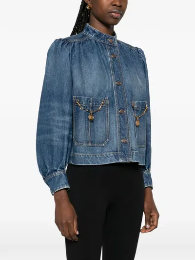 Chloé Blue Jacket With High Neck And Chain Detail On The Front In Denim Woman