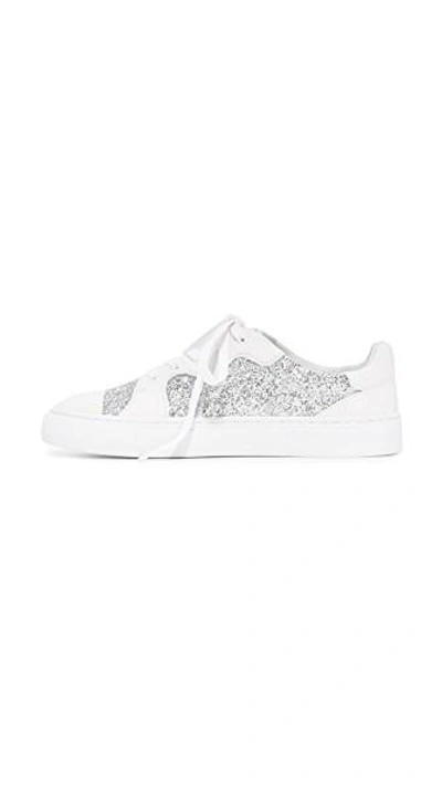 Shop Tory Burch Milo Lace Up Trainers In Silver/white
