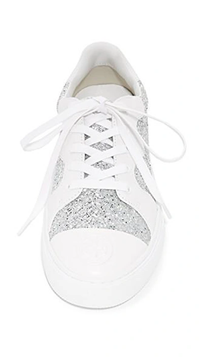 Shop Tory Burch Milo Lace Up Trainers In Silver/white