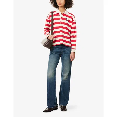 Mother Womens Tango Red And Cream The Boxy Match Cotton Polo Top