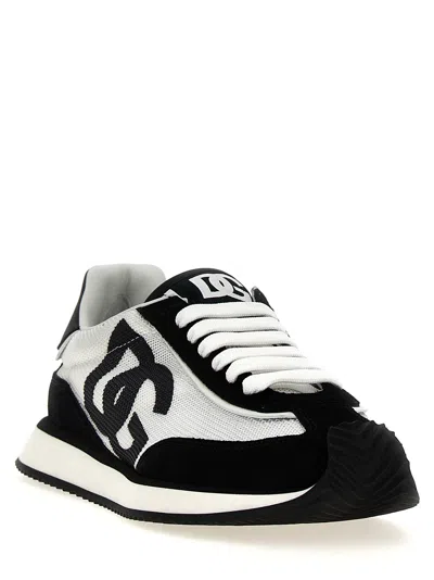 Dolce & Gabbana Dg Cushion White And Black Low Top Sneakers With Logo Print In Mixed Materials Woman