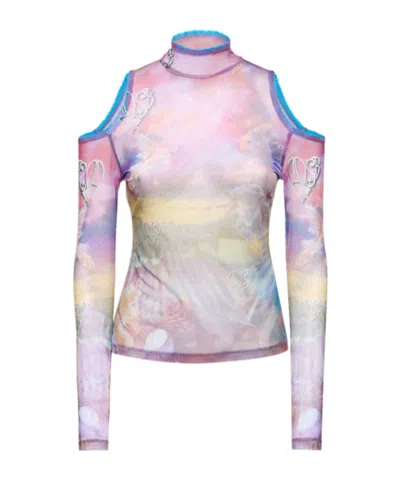 Andersson Bell Cold-shoulder Sheer Graphic-print Top In Purple
