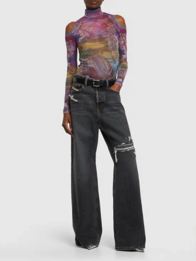 Andersson Bell Cold-shoulder Sheer Graphic-print Top In Purple