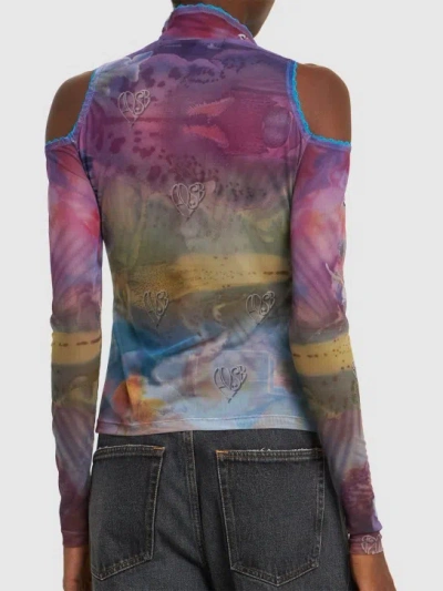 Andersson Bell Cold-shoulder Sheer Graphic-print Top In Purple