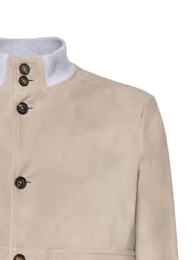 Eleventy Buttonned Leather Jacket In Neutral