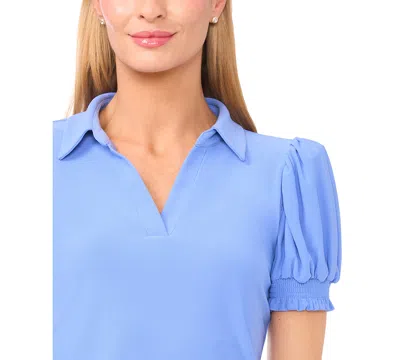 Cece Split Neck Collared Top In Blue
